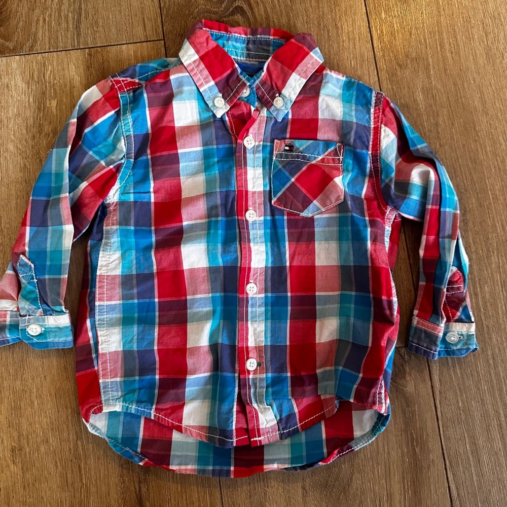 Tommy Hilfiger Boys Red Blue White Plaid Button Down Shirt 24M Long Sleeve
